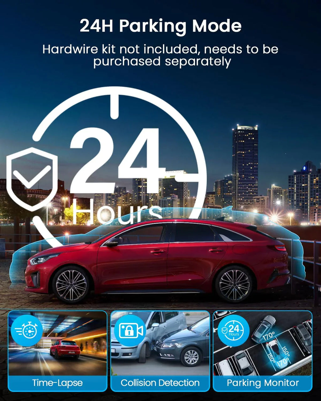 Caméra embarquée Channel Dash Cam 360°, 1080p, vision nocturne à 8 lumières infrarouges, Wi-Fi 5G et contrôle par application, accéléromètre, mode stationnement, carte SD 128 Go gratuite.