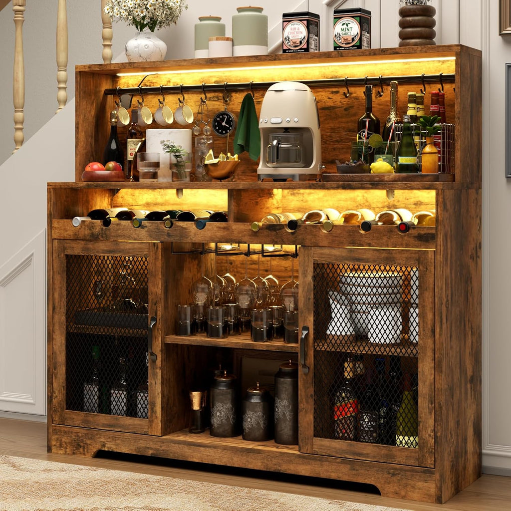 Bar à vin avec éclairage LED, meuble à liqueur avec porte-verres, bar à café pour liqueurs, buffet de rangement avec casiers à vin, armoire à vin
