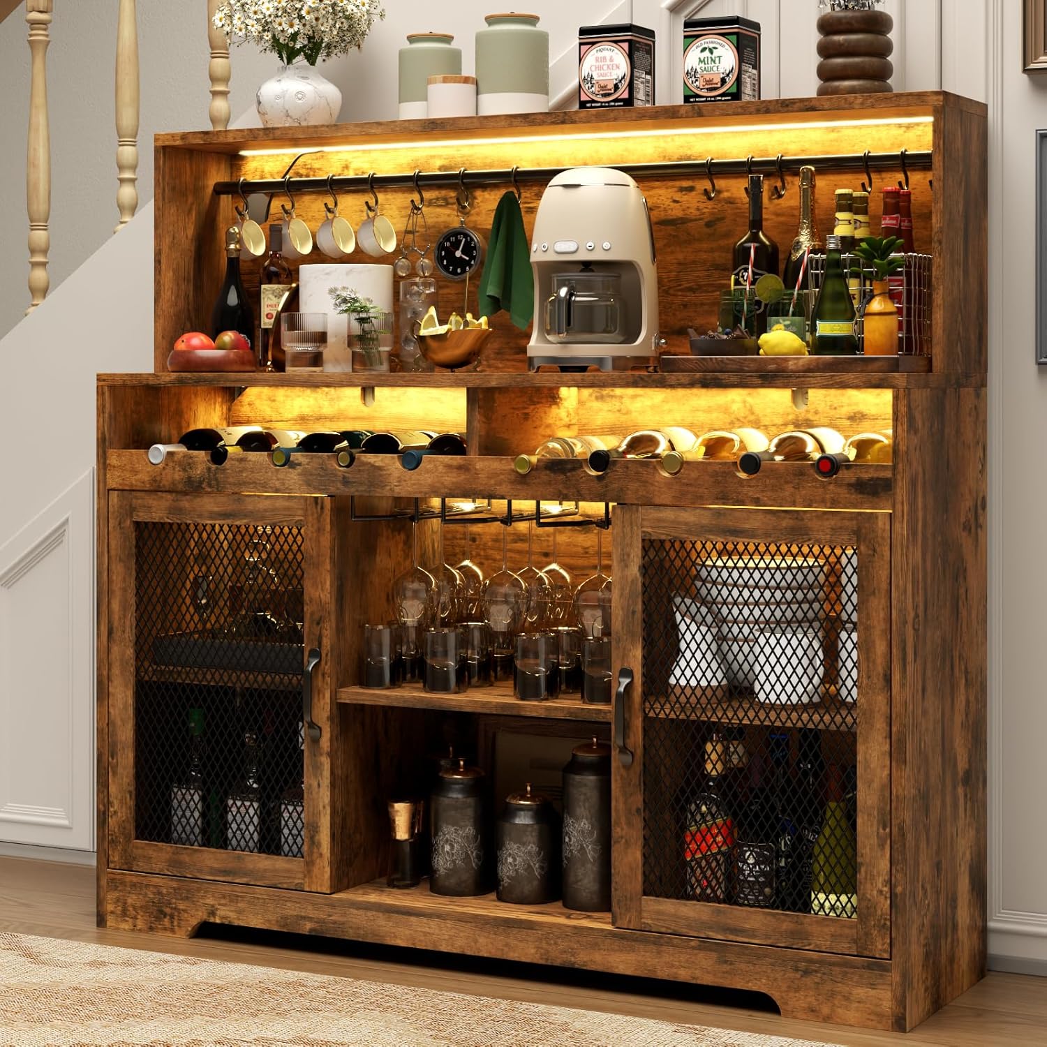 Bar à vin avec éclairage LED, meuble à liqueur avec porte-verres, bar à café pour liqueurs, buffet de rangement avec casiers à vin, armoire à vin