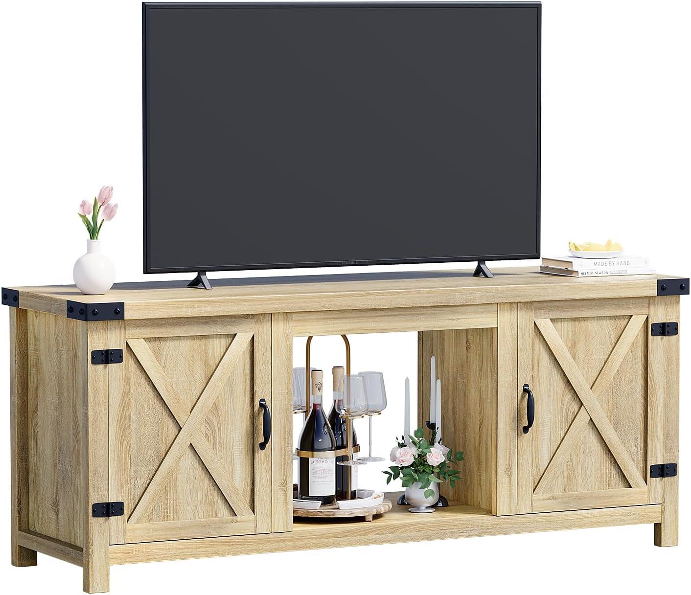 YESHOMY tv-meubel met open haard en twee schuifdeuren, opbergkasten voor tv's tot 65 inch en groter, entertainmentmeubel, mediameubel voor de woonkamer, 58 inch 