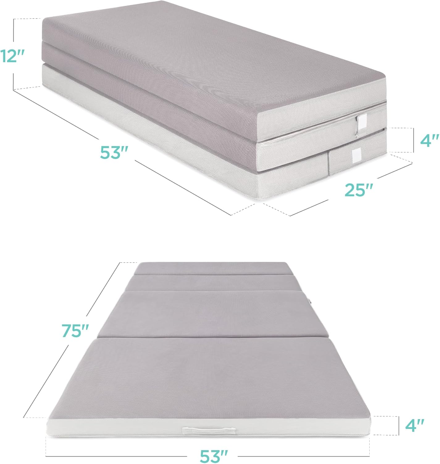 Matelas Queen Size portable de 4 pouces, matelas pliable en trois parties pour camping, invités et tout-petits