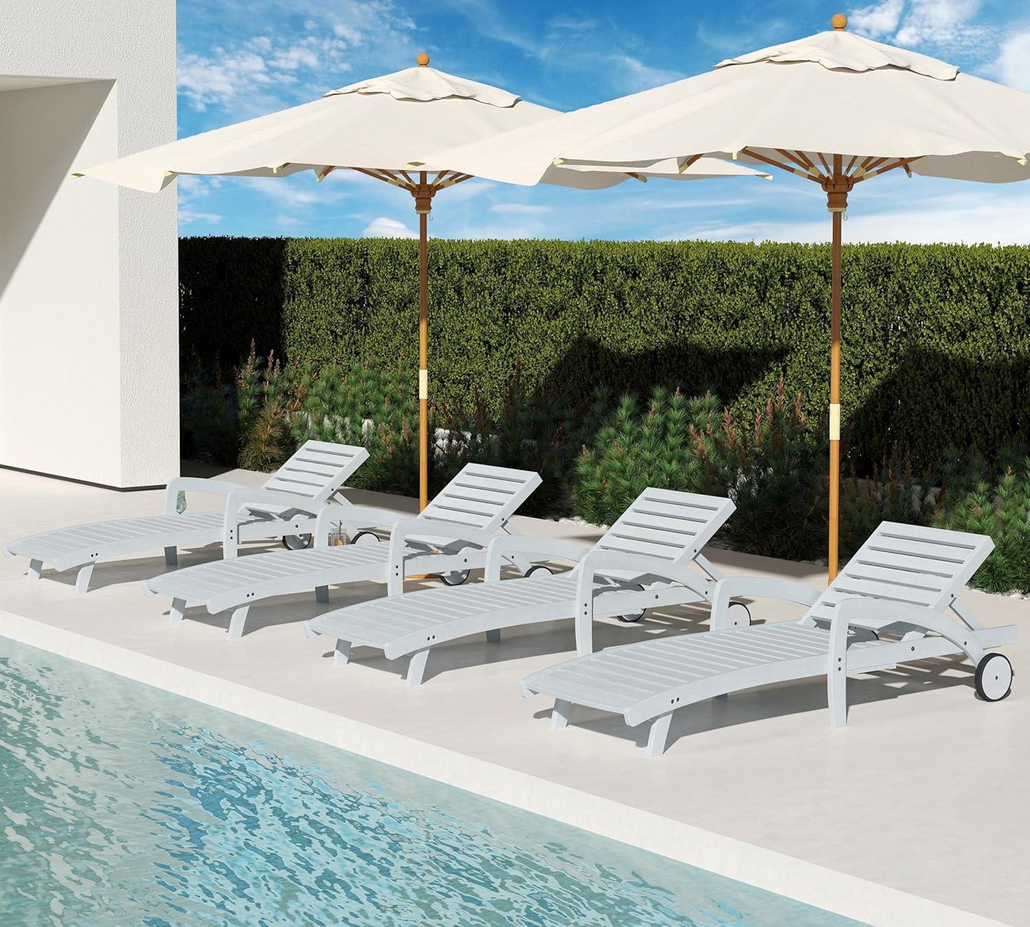 Chaise longue de piscine réglable à 5 positions Chaise longue en bois avec table d'appoint coulissante