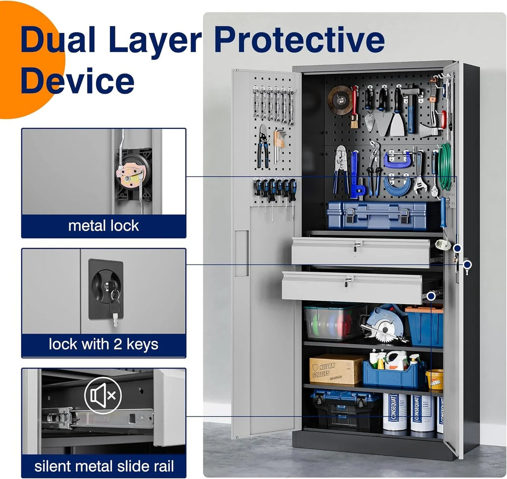 Armoire de rangement de garage en métal Yizosh avec portes verrouillables et 2 tiroirs, armoire à outils robuste en acier avec panneau perforé, 71" - Armoires verrouillables
