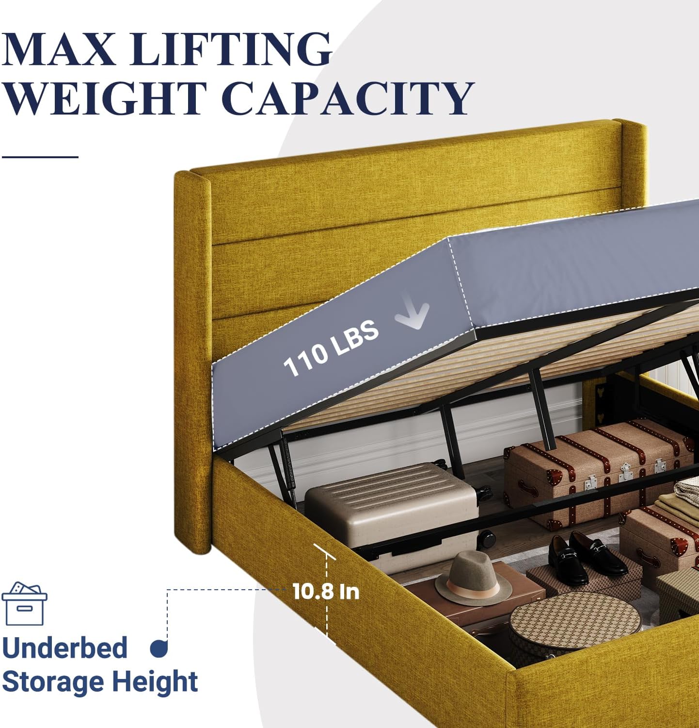 Lit queen-size relevable avec rangement Allewie, tête de lit à oreilles moderne et support hydraulique