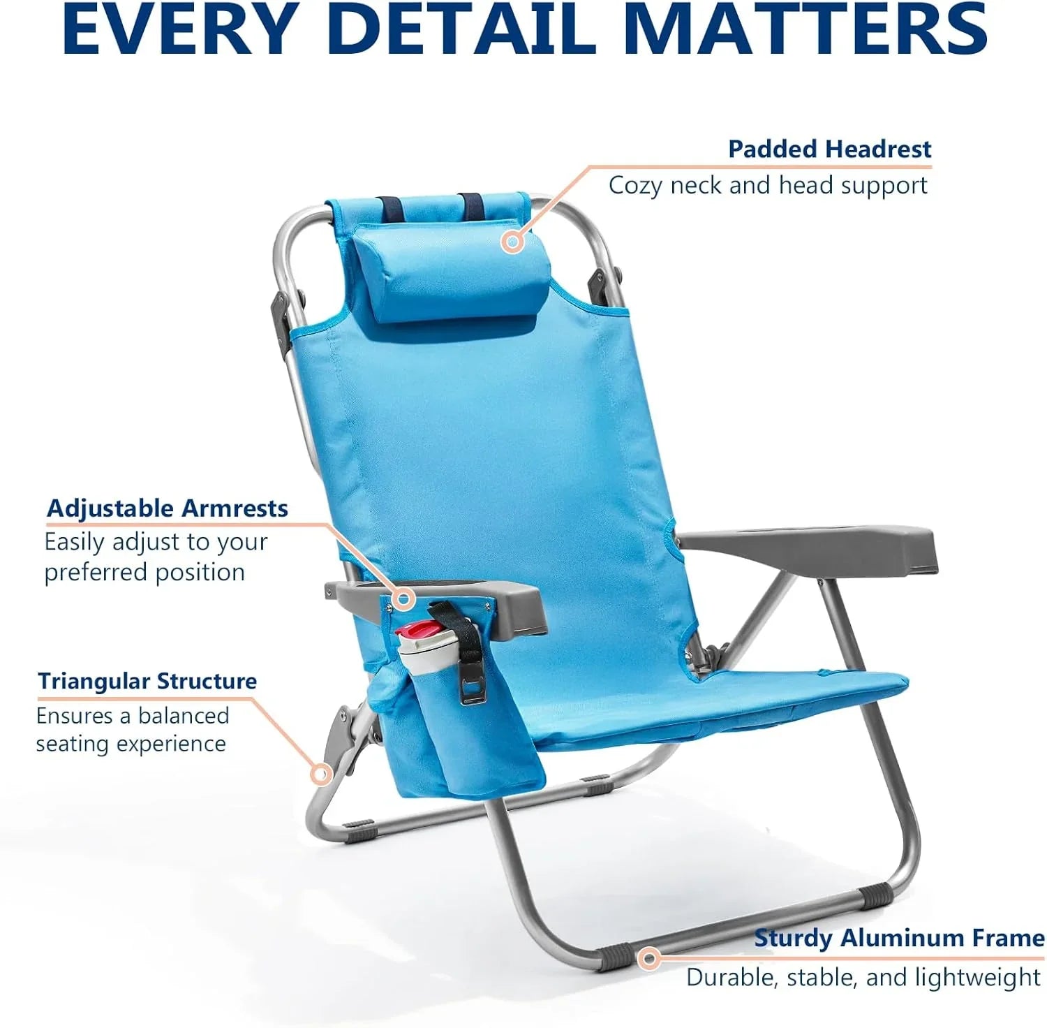 Lot de 2 chaises de plage compactes et portables pour adultes, en aluminium, 5 positions, avec pochette isotherme