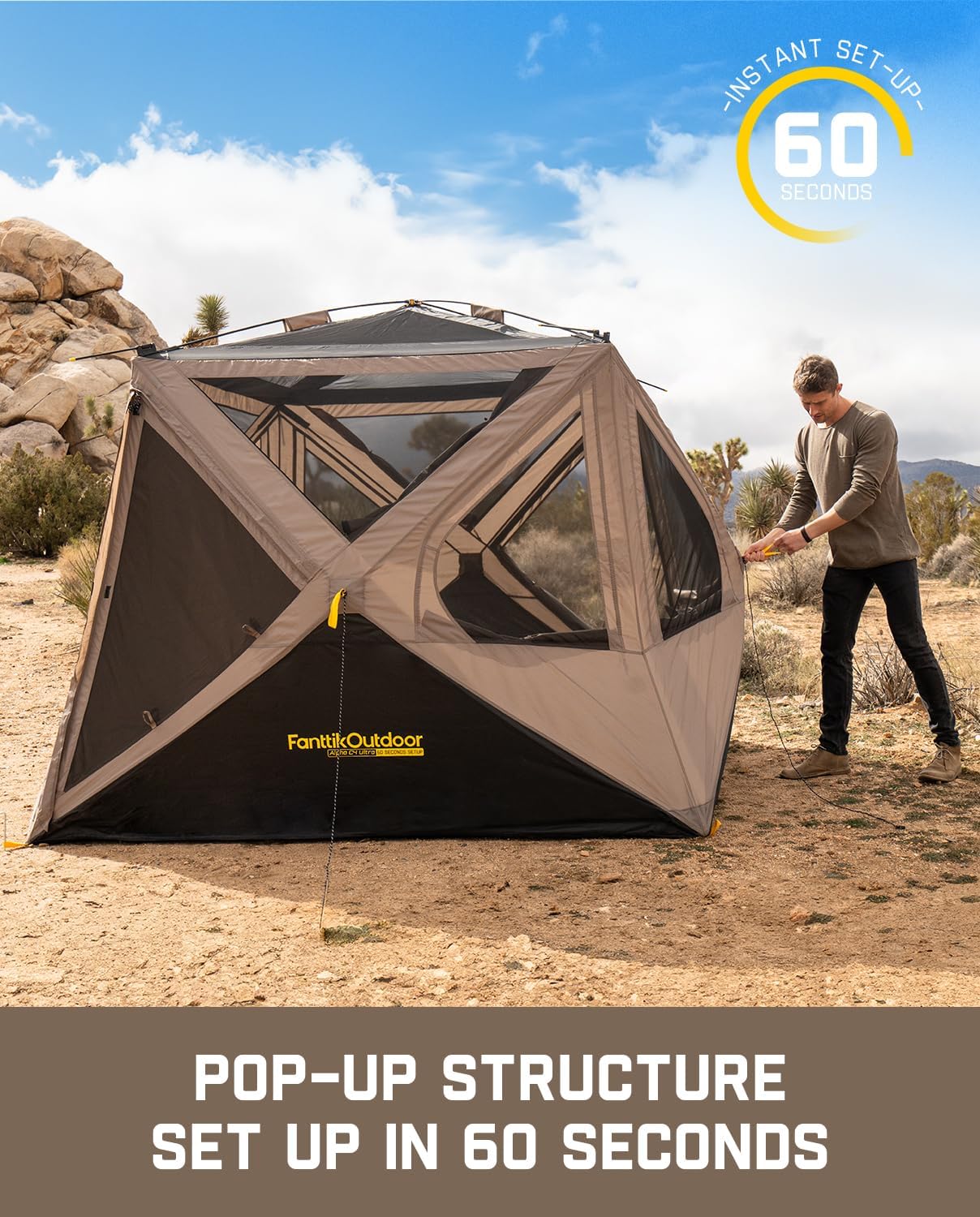 Tente de camping super pop-up pour 4 personnes, installation instantanée, tente centrale portable