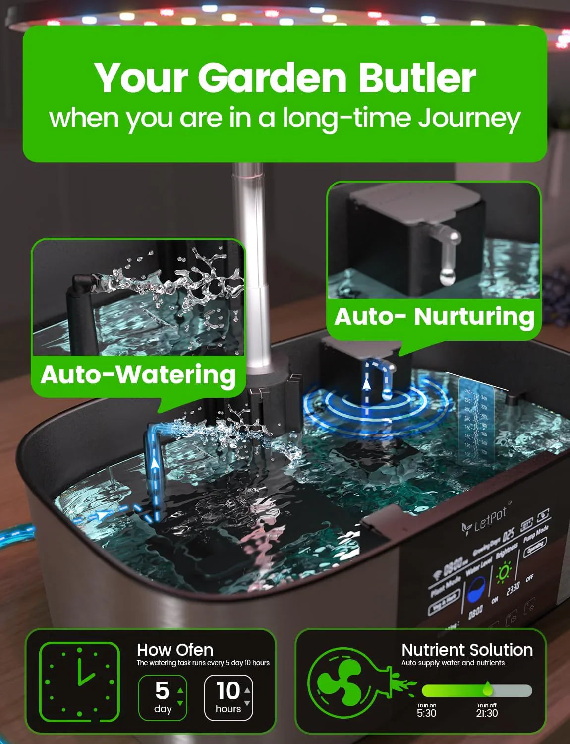 Système de plantation hydroponique, jardin d'intérieur intelligent pour 12 herbes aromatiques, contrôle par application et Wi-Fi, avec LED de croissance 24 W, réservoir d'eau 5,5 L, système de pompage et minuterie automatique.