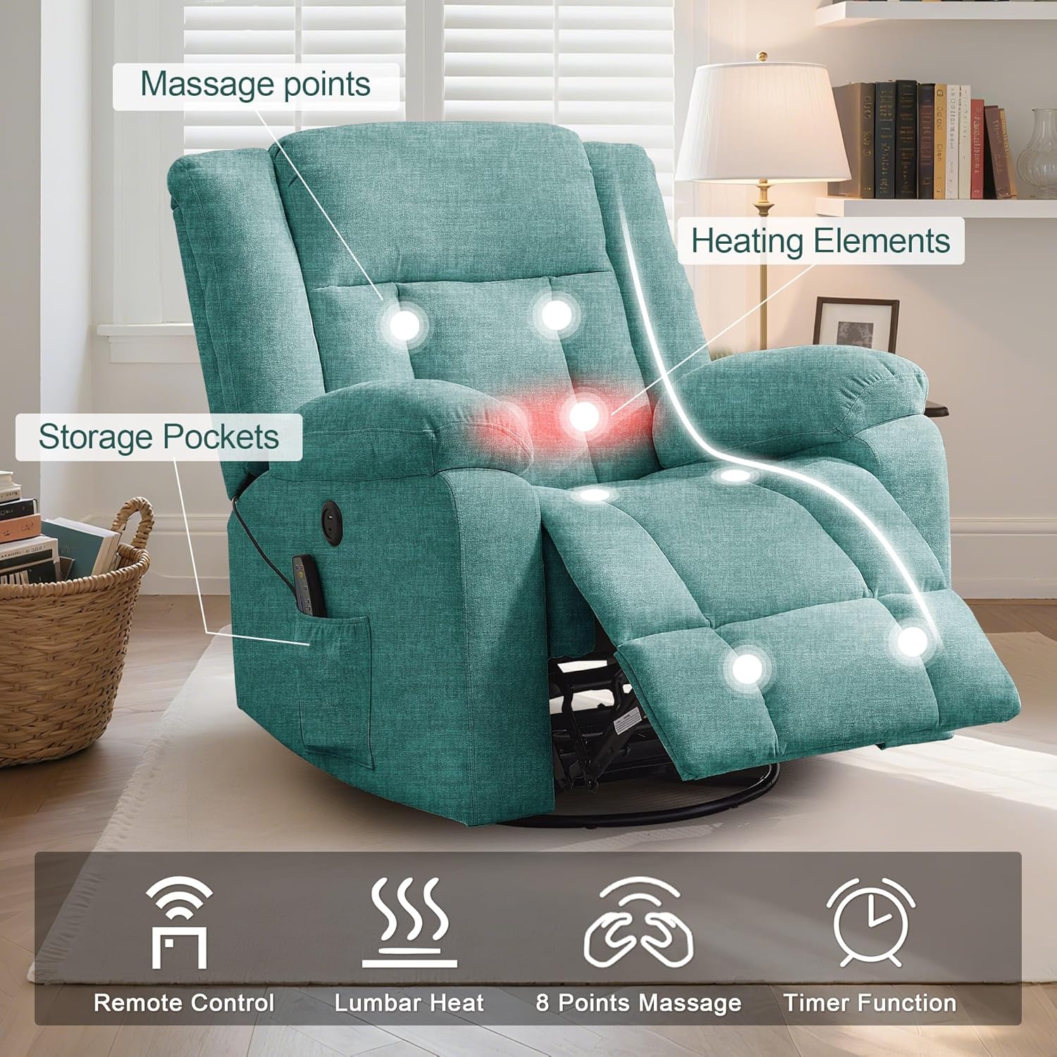 Fauteuil à bascule pour adulte, fauteuil inclinable coulissant, fauteuil à bascule rotatif à 360° avec fonction massage et chauffage