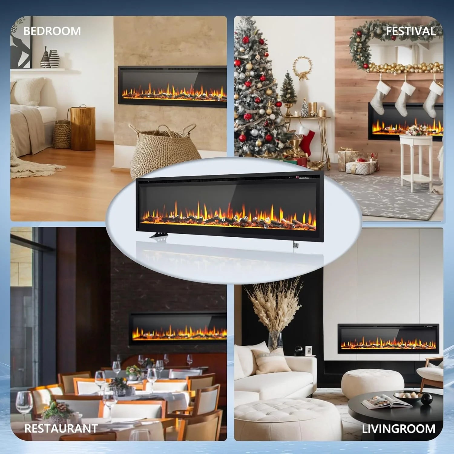 EUHOMY Cheminée électrique encastrée et murale de 50 pouces avec couleur de flamme réglable, chauffage de cheminée avec télécommande, cheminée linéaire avec minuterie, écran tactile, bûche et cristal, 750/1500 W