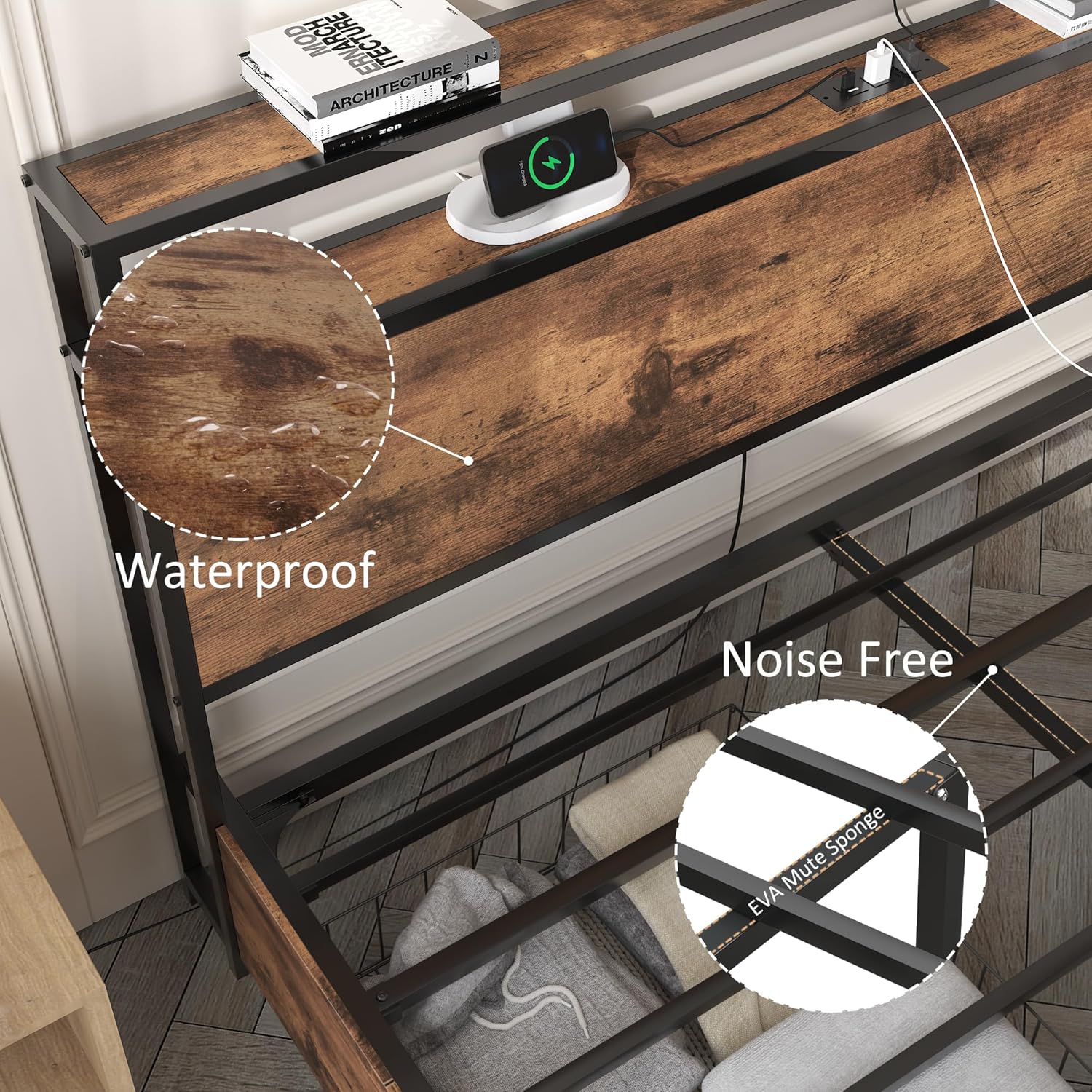 Cadre de lit Queen Lifezone avec tête de lit double et plateau de rangement en métal