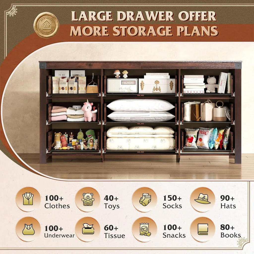 Commode LED à 9 tiroirs pour chambre à coucher, 148 cm de large, organiseur de rangement en bois avec prise électrique