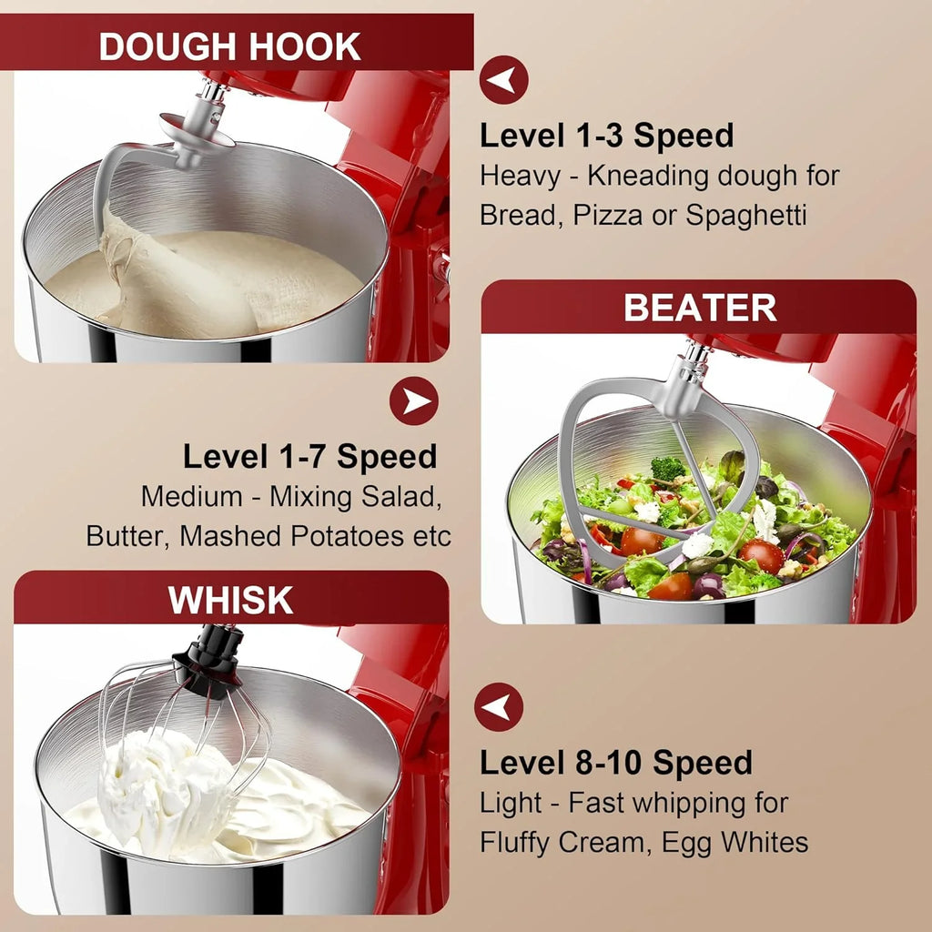Batteur sur socle 10 vitesses avec protection anti-éclaboussures 8 en 1, tête inclinable, bol en acier inoxydable de 6 litres + crochet pétrisseur/fouet/mixeur/grattoir lavable au lave-vaisselle