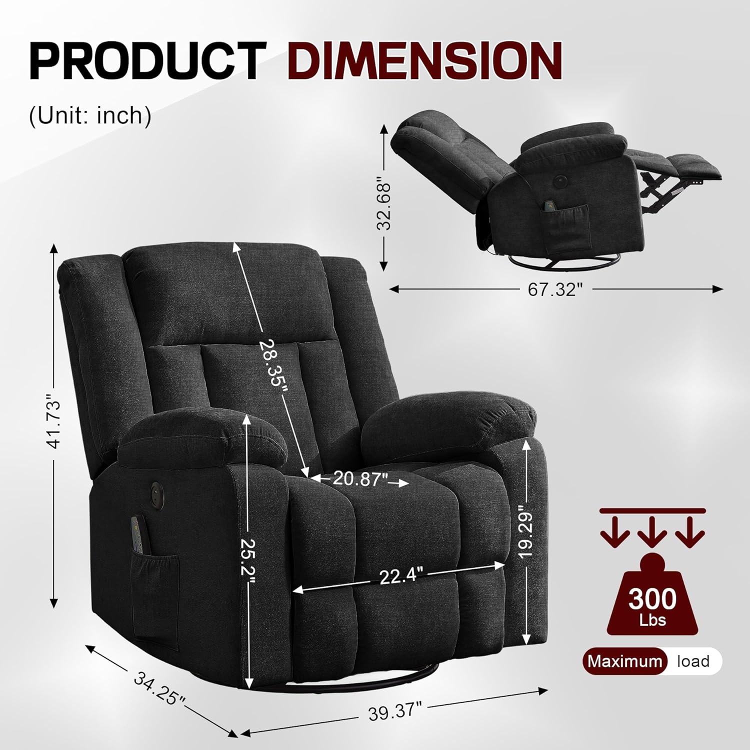 Fauteuil à bascule pour adulte, fauteuil inclinable coulissant, fauteuil à bascule rotatif à 360° avec fonction massage et chauffage