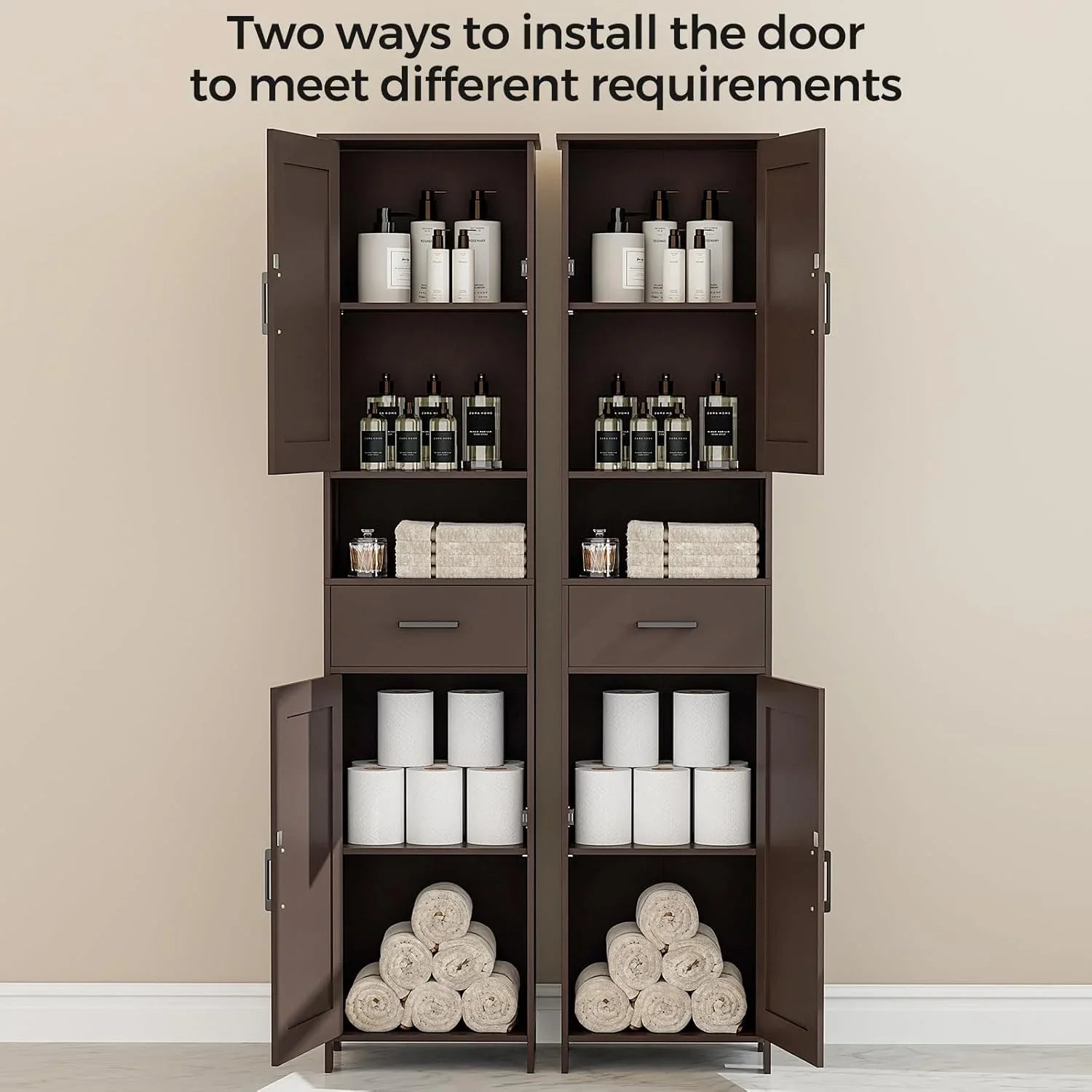 Meuble de rangement de salle de bain Homhedy de 67 po de hauteur avec 2 portes de grange et 1 tiroir