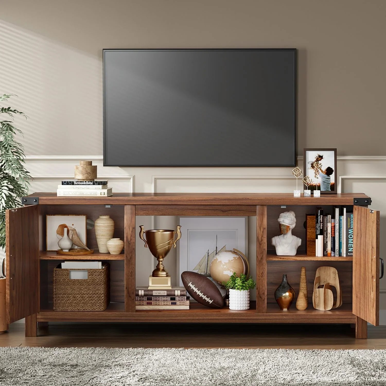 YESHOMY tv-meubel met open haard en twee schuifdeuren, opbergkasten voor tv's tot 65 inch en groter, entertainmentmeubel, mediameubel voor de woonkamer, 58 inch 