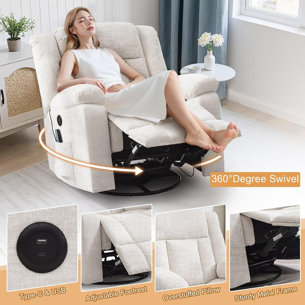 Fauteuil à bascule pour adulte, fauteuil inclinable coulissant, fauteuil à bascule rotatif à 360° avec fonction massage et chauffage