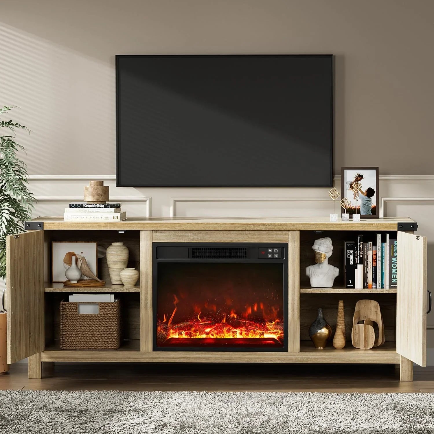 YESHOMY tv-meubel met open haard en twee schuifdeuren, opbergkasten voor tv's tot 65 inch en groter, entertainmentmeubel, mediameubel voor de woonkamer, 58 inch 