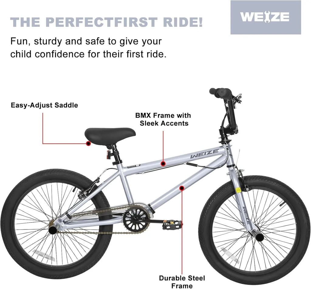 Vélo BMX Freestyle WEIZE 20 pouces pour enfants et adultes, cadre en acier haute résistance