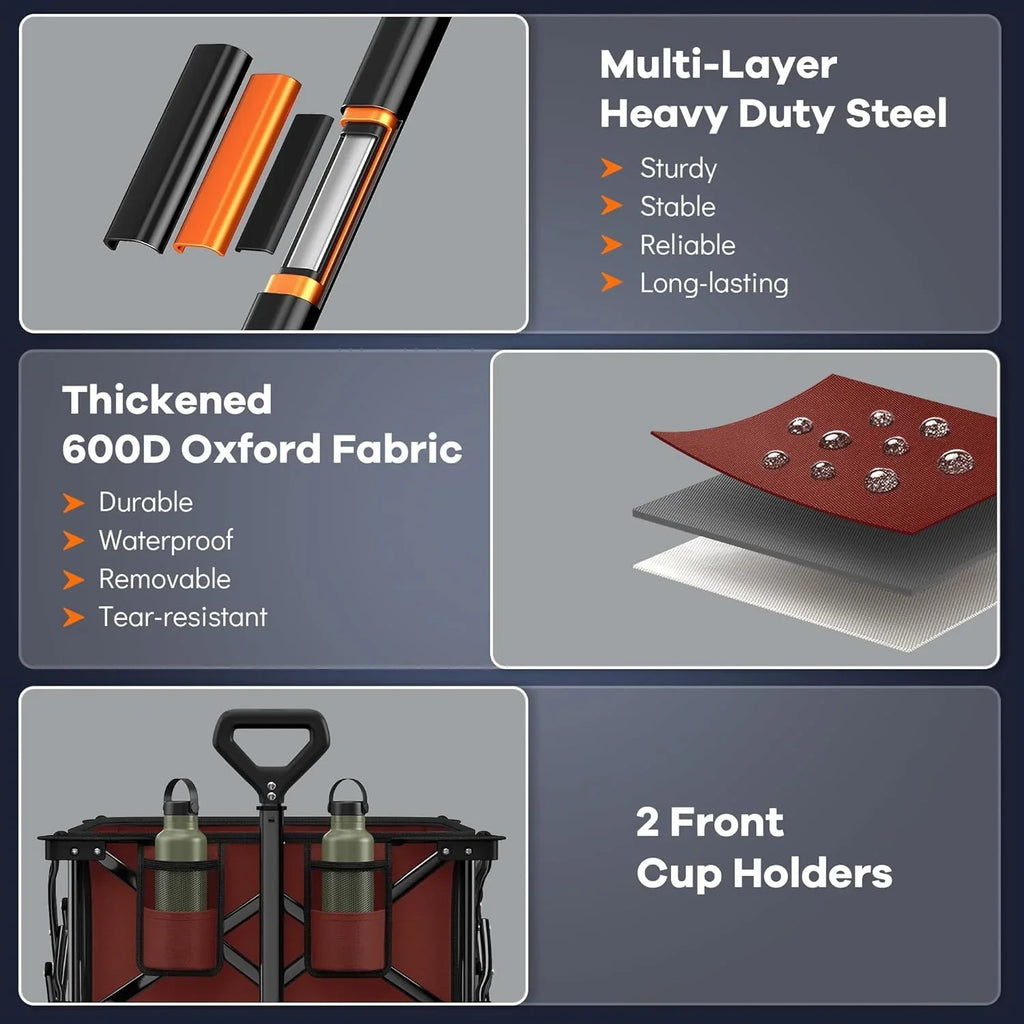 Poussette pliable à quatre roues de 96 cm de long, pliable, capacité de 200 kg, poussette de plage pliable robuste de 220 litres avec de grands pneus tout-terrain