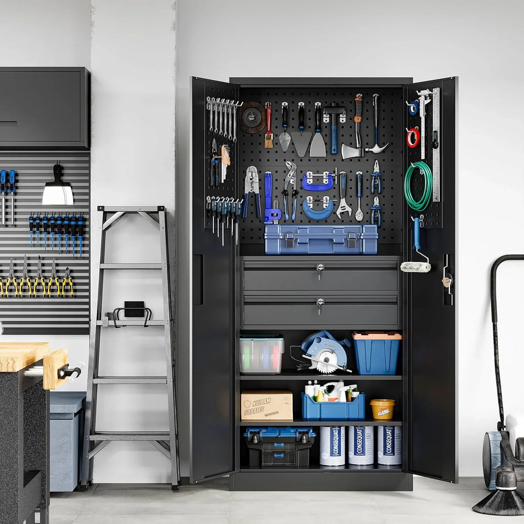 Armoire de rangement de garage en métal Yizosh avec portes verrouillables et 2 tiroirs, armoire à outils robuste en acier avec panneau perforé, 71" - Armoires verrouillables