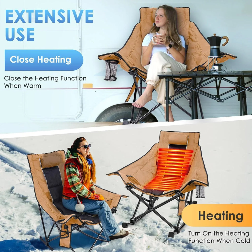 Chaise de camping chauffante, chaise de sport d'extérieur extra large avec 3 niveaux de chaleur sur le dossier et l'assise, chaise d'extérieur chauffante pliante portable (piles non incluses)