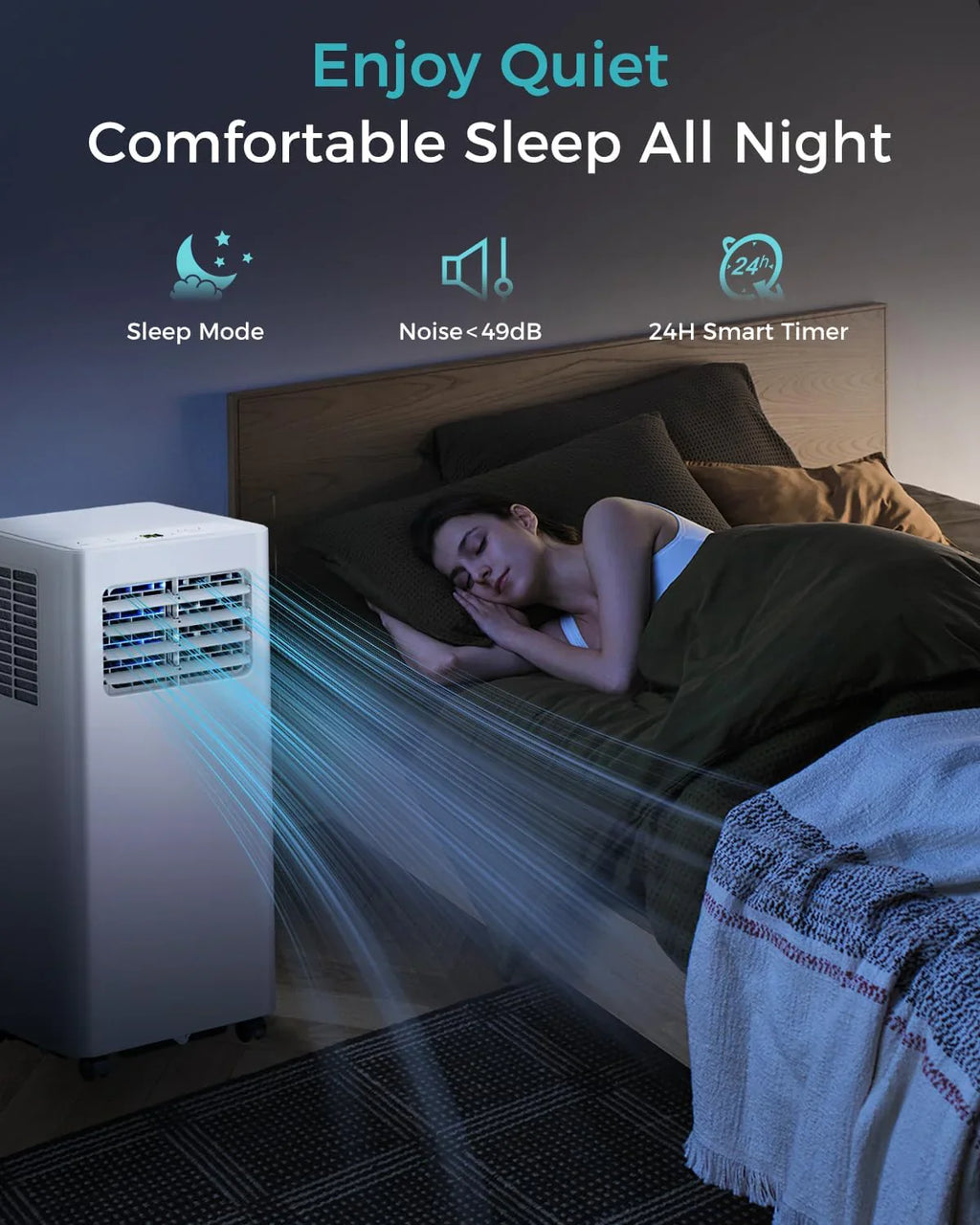 Climatiseur portatif 8 000 BTU - Unité de climatisation 3 en 1 avec télécommande, refroidissement ultra-silencieux pour pièces jusqu'à 350 pi², minuterie 24 h, mode veille