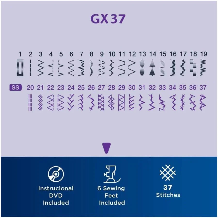 Machine à coudre GX37, 37 points intégrés, 6 pieds de couture inclus