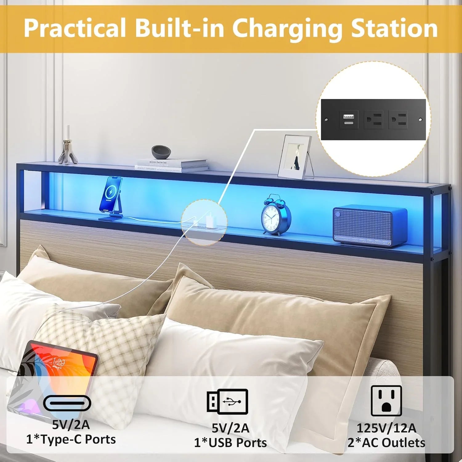 Cadre de lit Queen Lifezone avec tête de lit double et plateau de rangement en métal