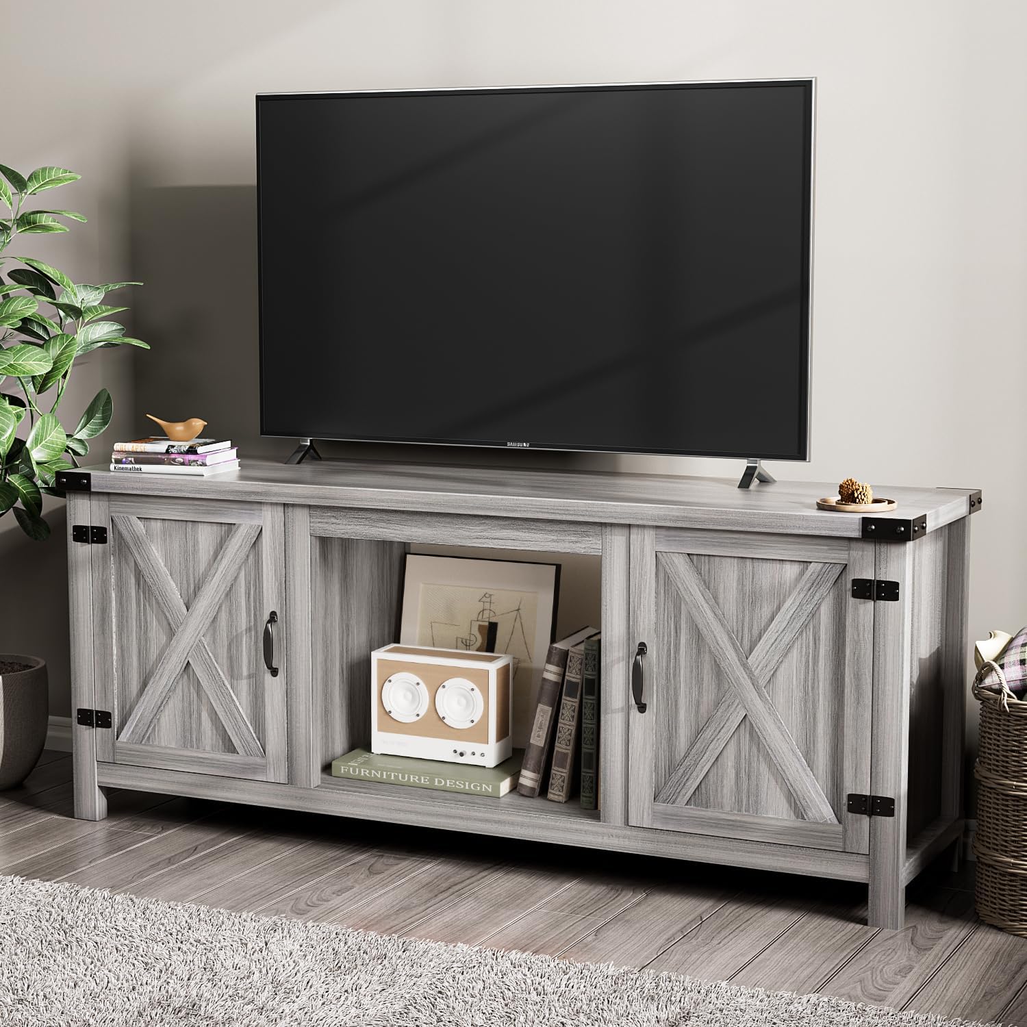 YESHOMY tv-meubel met open haard en twee schuifdeuren, opbergkasten voor tv's tot 65 inch en groter, entertainmentmeubel, mediameubel voor de woonkamer, 58 inch 