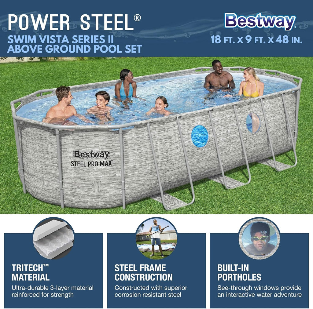 Piscine hors sol Power Steel Swim Vista Série II 4,3 m x 2,4 m x 100 cm avec pompe de filtration de 530 gal/h, échelle et bâche de protection.