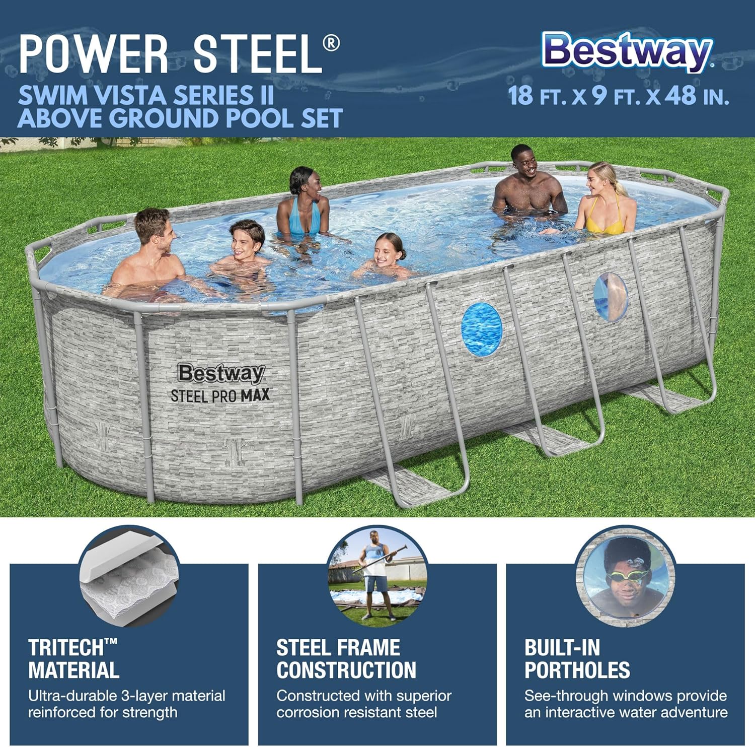 Piscine hors sol Power Steel Swim Vista Série II 4,3 m x 2,4 m x 100 cm avec pompe de filtration de 530 gal/h, échelle et bâche de protection.