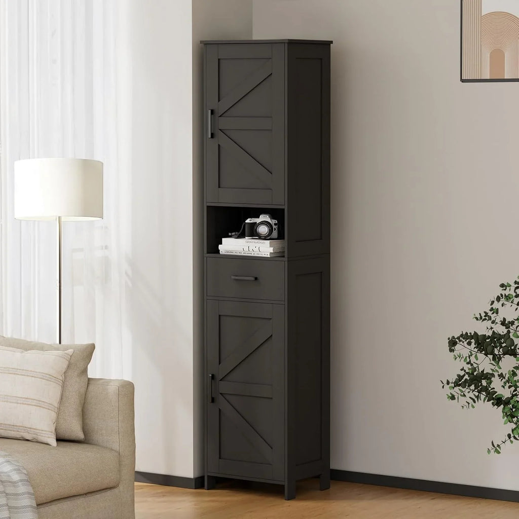 Meuble de rangement de salle de bain Homhedy de 67 po de hauteur avec 2 portes de grange et 1 tiroir