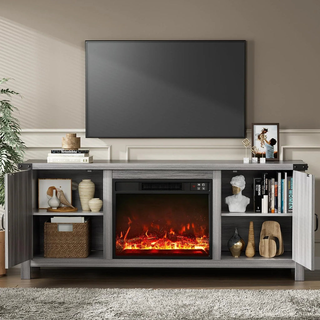 YESHOMY tv-meubel met open haard en twee schuifdeuren, opbergkasten voor tv's tot 65 inch en groter, entertainmentmeubel, mediameubel voor de woonkamer, 58 inch 