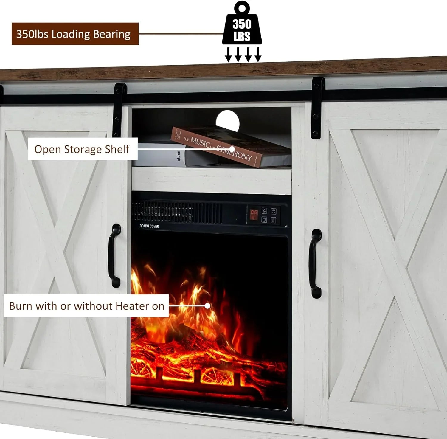 Meuble TV avec cheminée AMERLIFE et portes coulissantes style grange, compatible avec les téléviseurs jusqu'à 73 pouces, centre de divertissement avec cheminée de style ferme