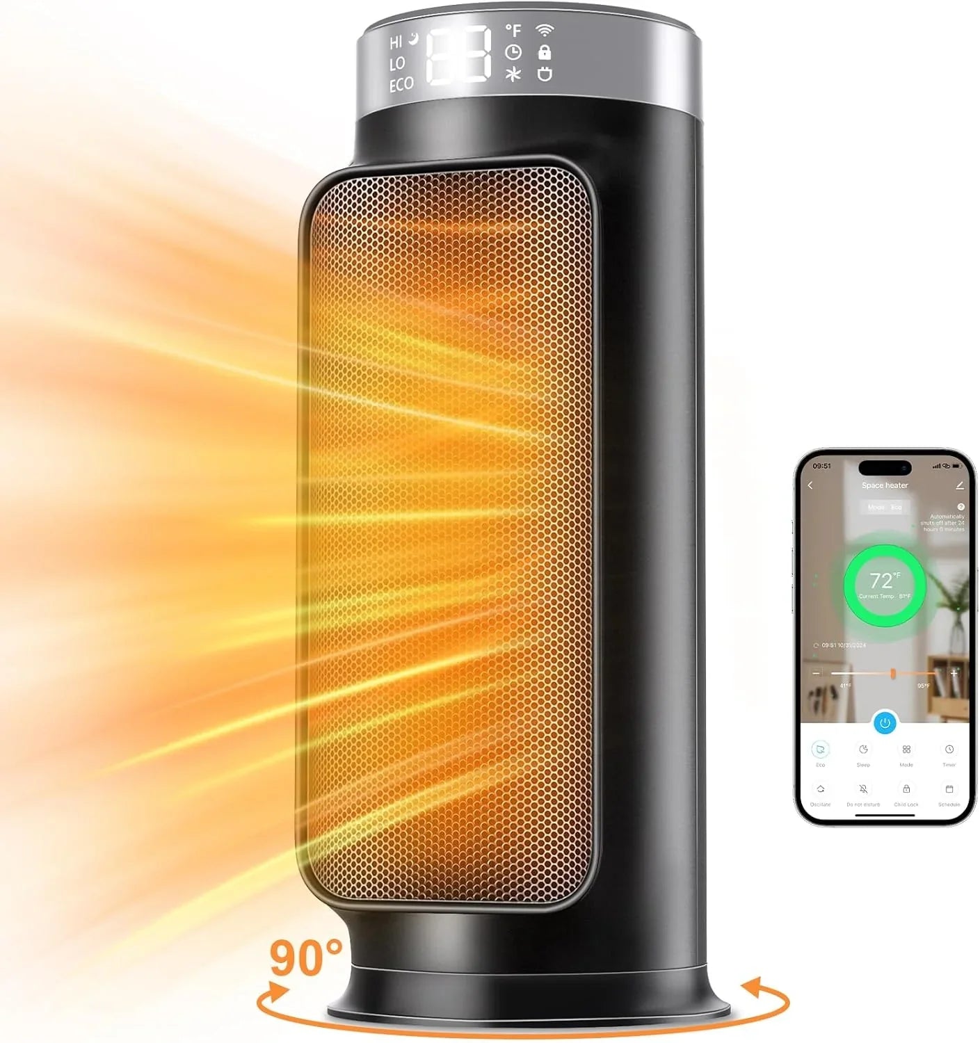 1500W Indoor Space Heater, Smart PTC Electric Heater with Wifi/App and Remote Control, Overheat and Tip-Over Protection