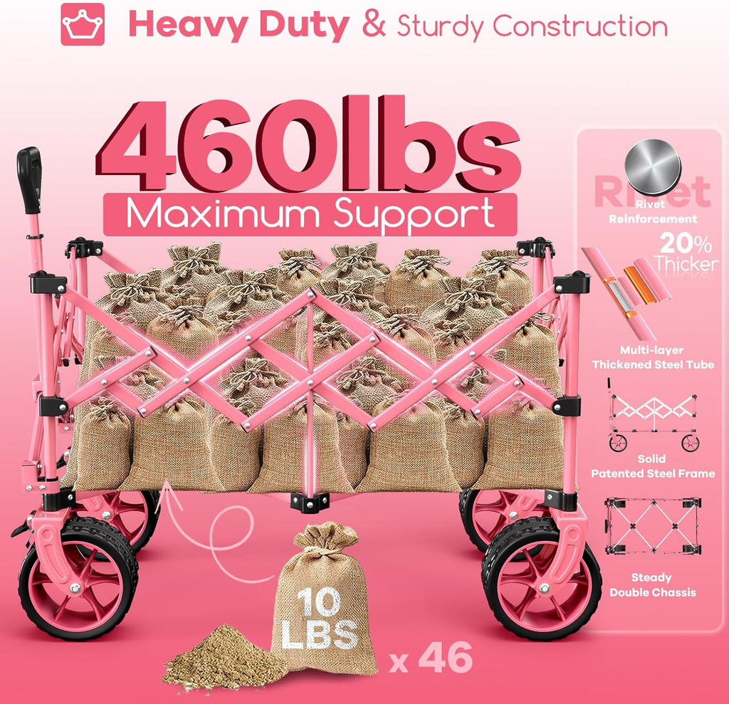 Poussette pliable à quatre roues de 96 cm de long, pliable, capacité de 200 kg, poussette de plage pliable robuste de 220 litres avec de grands pneus tout-terrain