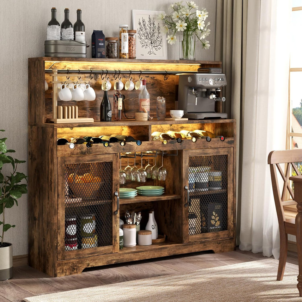 Bar à vin avec éclairage LED, meuble à liqueur avec porte-verres, bar à café pour liqueurs, buffet de rangement avec casiers à vin, armoire à vin