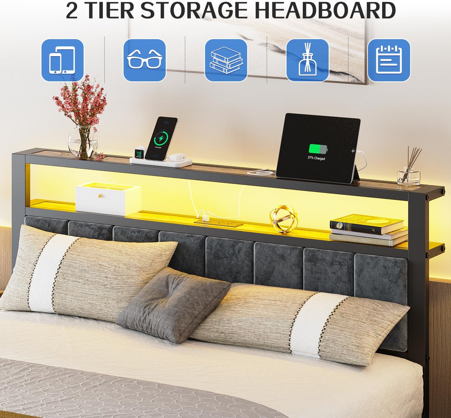 Cadre de lit queen size avec étagères de rangement doubles, tête de lit, lit plateforme