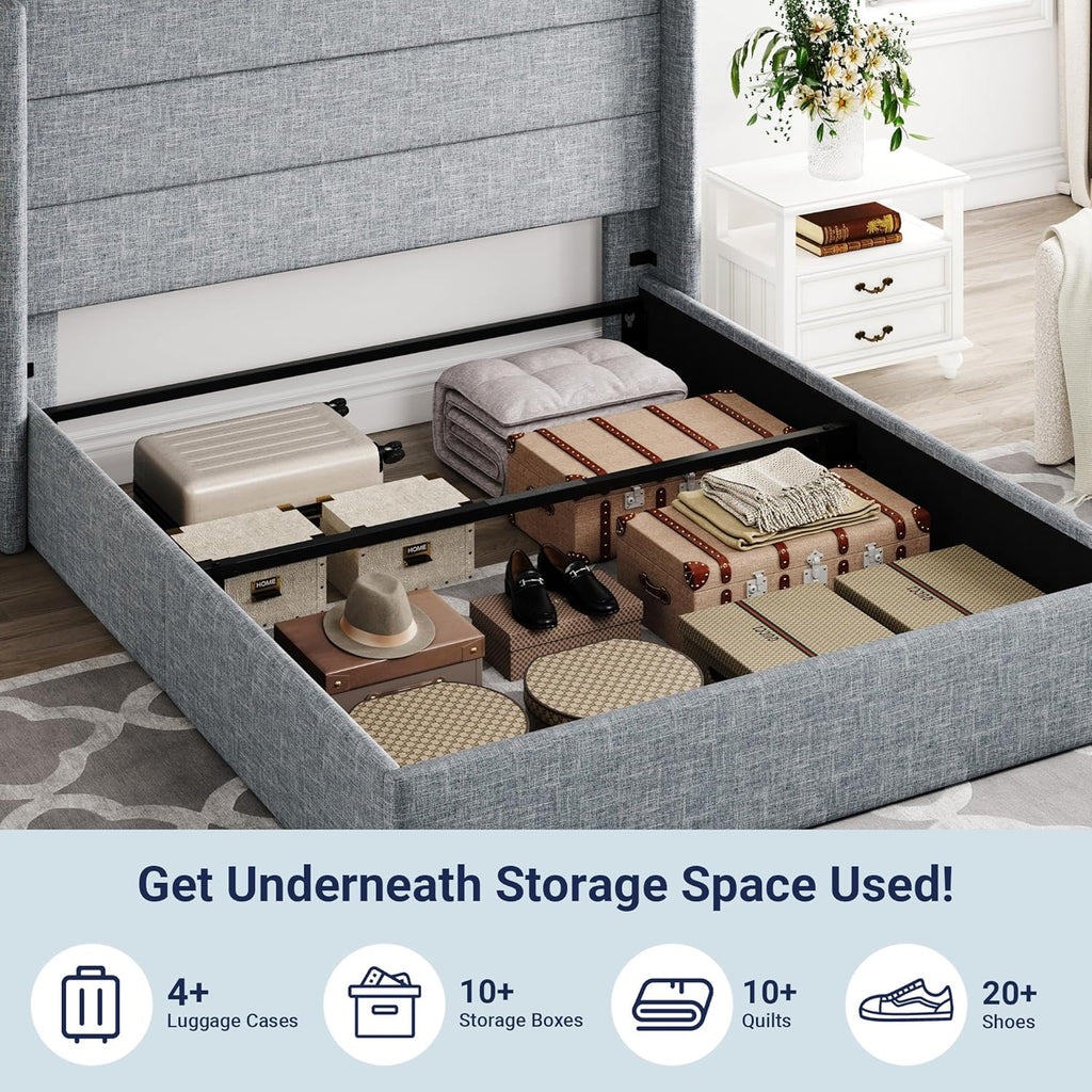 Lit queen-size relevable avec rangement Allewie, tête de lit à oreilles moderne et support hydraulique