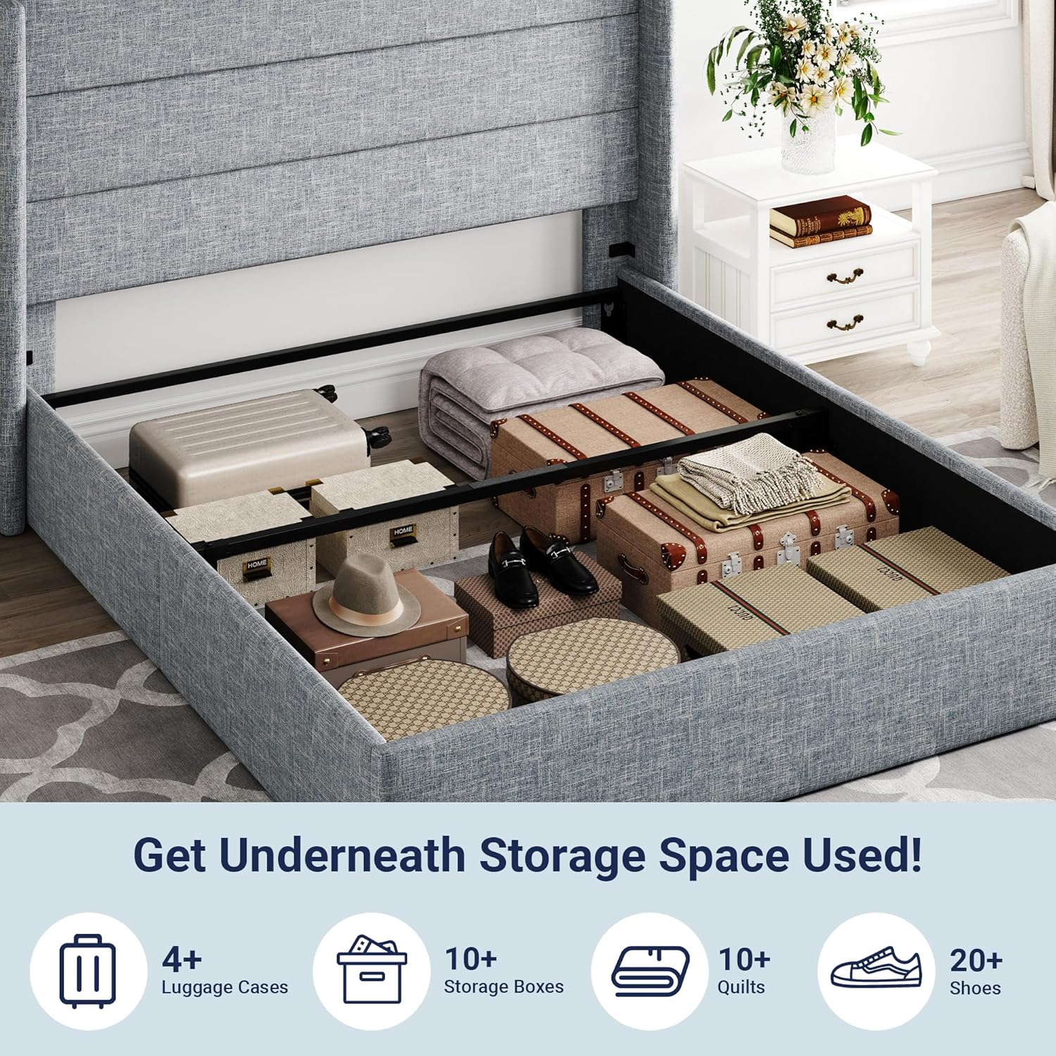 Lit queen-size relevable avec rangement Allewie, tête de lit à oreilles moderne et support hydraulique