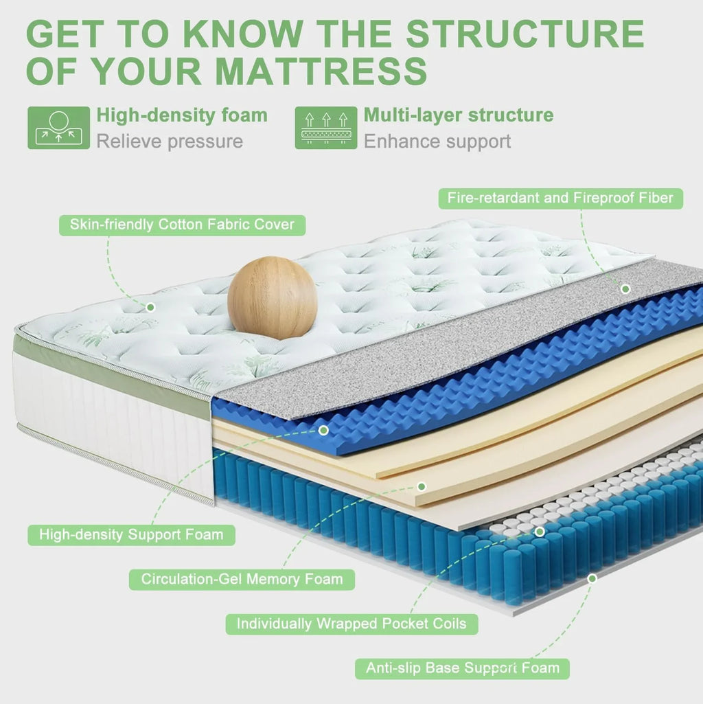 Matelas queen size de 12 pouces, matelas hybride en mousse à mémoire de forme mi-ferme avec ressorts ensachés