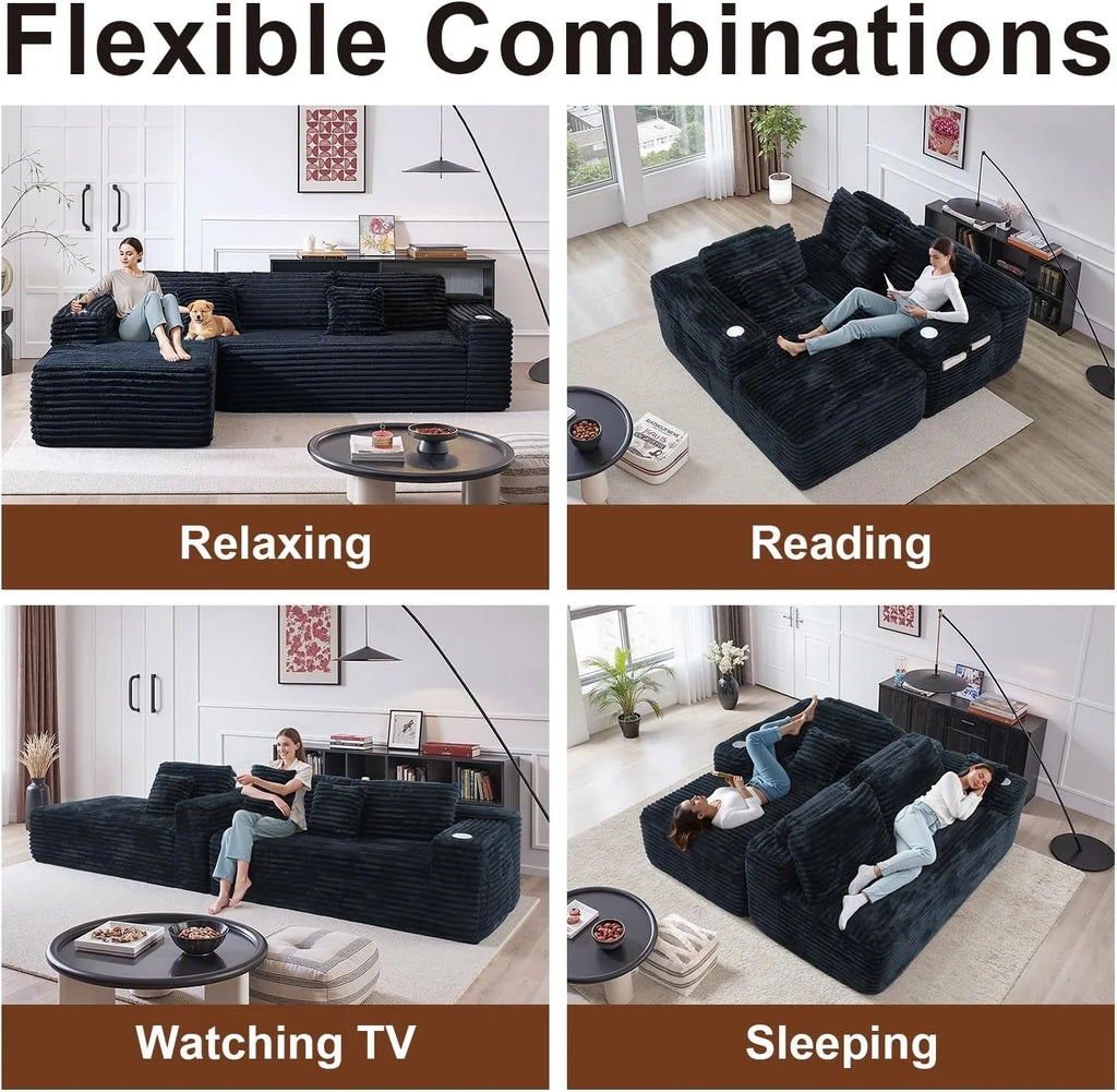 Canapé sectionnel Cloud avec méridienne en L, canapé modulaire moderne avec assise profonde, porte-gobelet intégré et poche de rangement