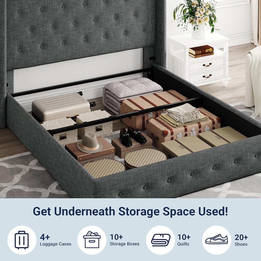 Lit queen-size relevable avec rangement Allewie, tête de lit à oreilles moderne et support hydraulique