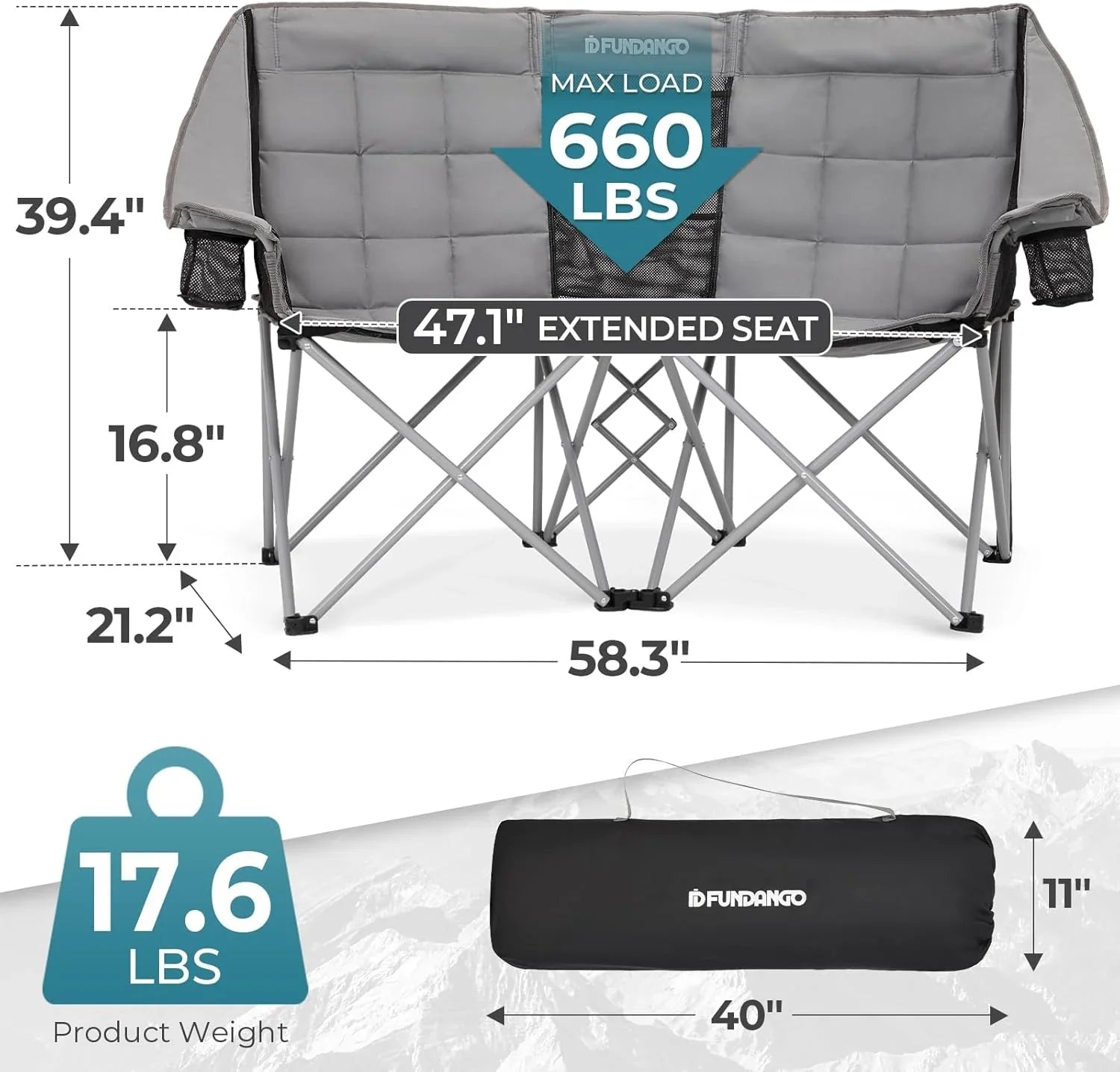 Chaise de camping double avec glacière Chaise de camping pliante extra large pour 3 personnes avec capacité de charge de 1 000 livres