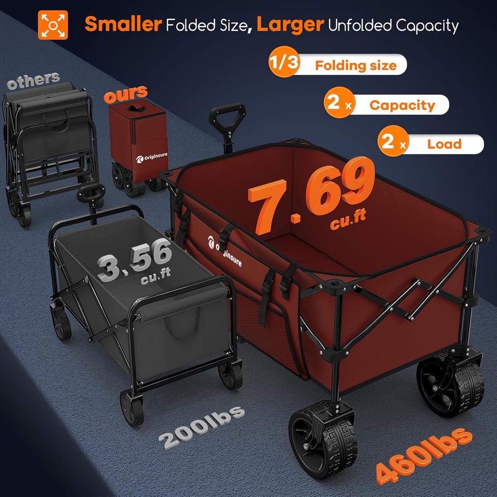 Poussette pliable à quatre roues de 96 cm de long, pliable, capacité de 200 kg, poussette de plage pliable robuste de 220 litres avec de grands pneus tout-terrain