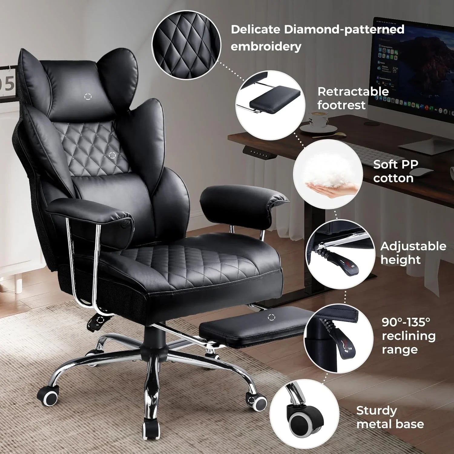 Grande chaise de bureau à dossier haut, chaise de jeu en cuir à dossier haut avec repose-pieds