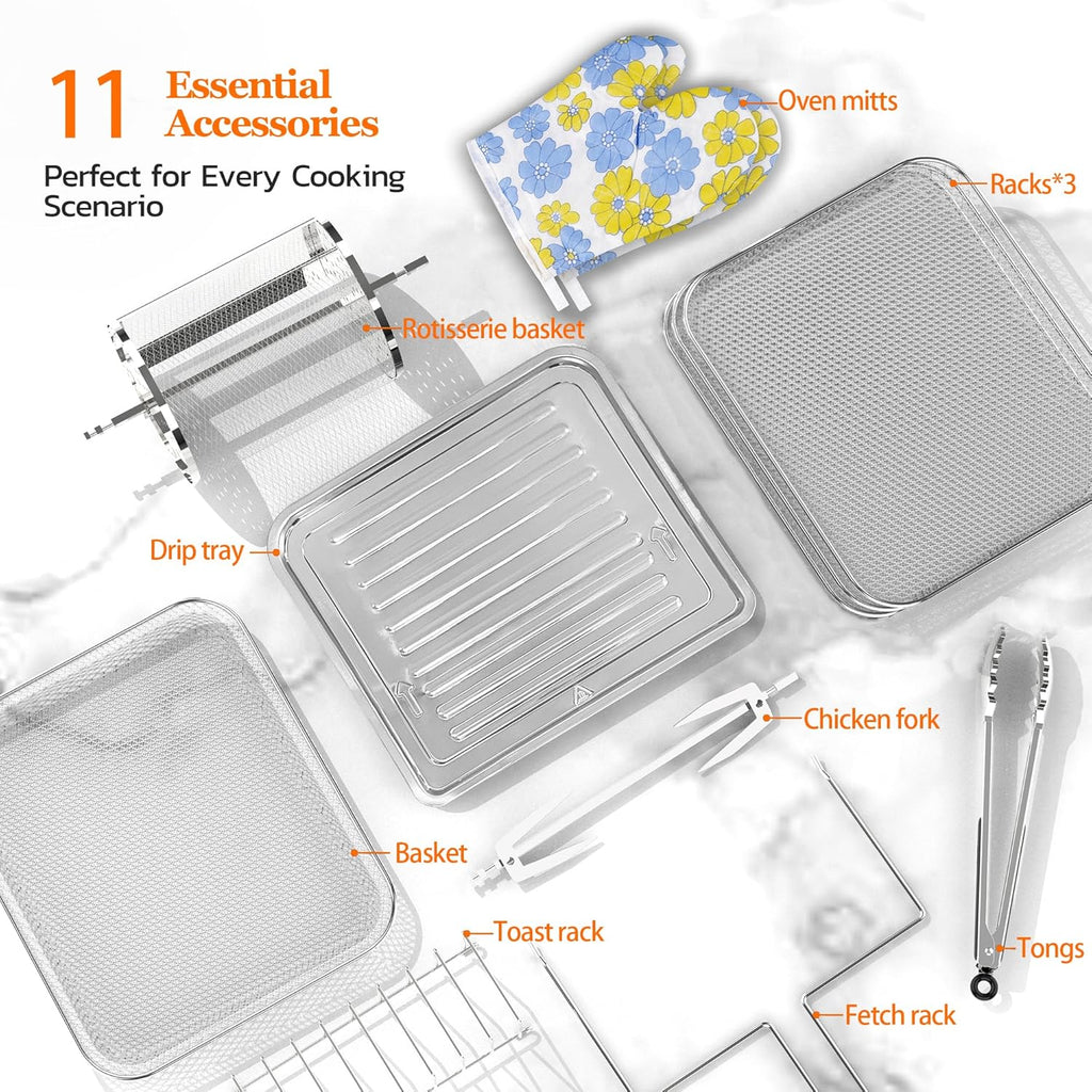 Grande friteuse à air de 20 litres Combo four-friteuse à air 10 en 1 Friteuse à air avec grille de rôtisserie 3 grilles de déshydratation
