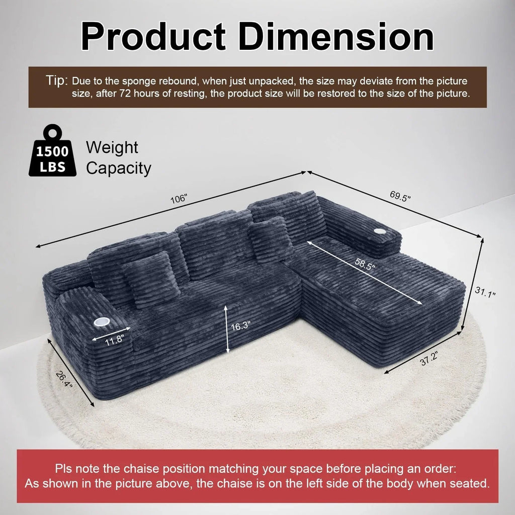 Cloud section sofa with L-shaped recliner, modern modular sofa, built-in cup holder