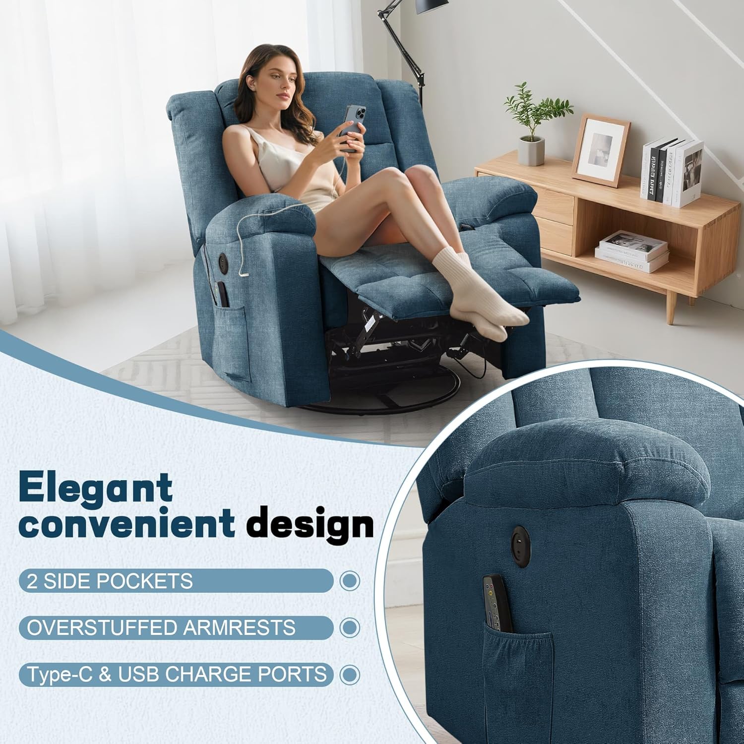 Fauteuil à bascule pour adulte, fauteuil inclinable coulissant, fauteuil à bascule rotatif à 360° avec fonction massage et chauffage