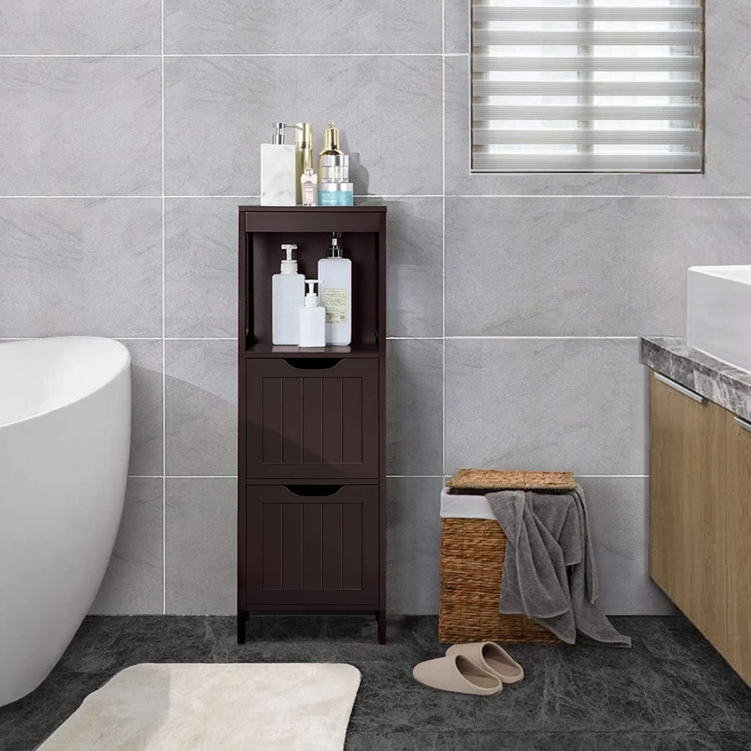 Meuble de salle de bain au sol, meuble de rangement en bois avec 2 tiroirs, support de rangement latéral multifonctionnel